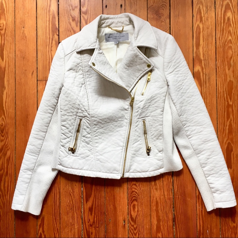 Andrew Marc Faux White Leather Moto Jacket